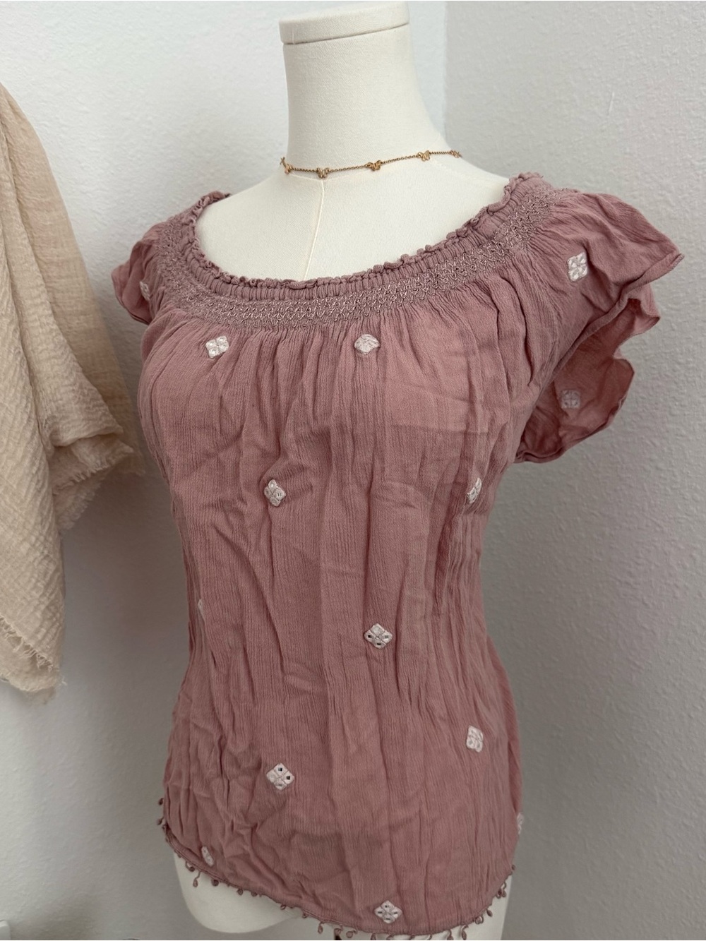 American Eagle Outfitters Boho Peasant Top Pink Embroidered Gauze Large